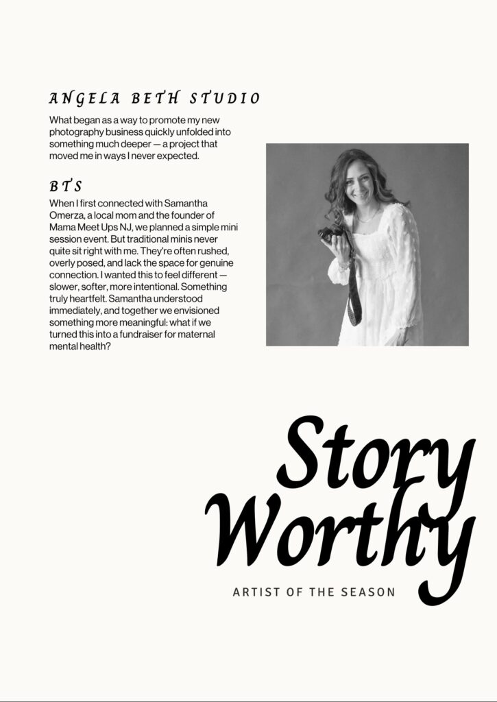 Digital feature of Angela Beth Studio in Feels Like Family Magazine, introducing her as Story Worthy Photographer – Artist of the Season, with a black-and-white portrait and story behind the Petals & Portraits project.
