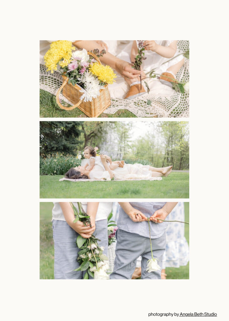 Two children holding hand-picked flowers behind their backs during a family session in Northern NJ. A quiet, playful moment featured in a digital magazine celebrating emotive family imagery.

